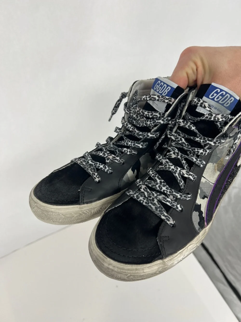 Golden Goose Slide camo glitter High-Top Sneakers in Black, Gray & Purple